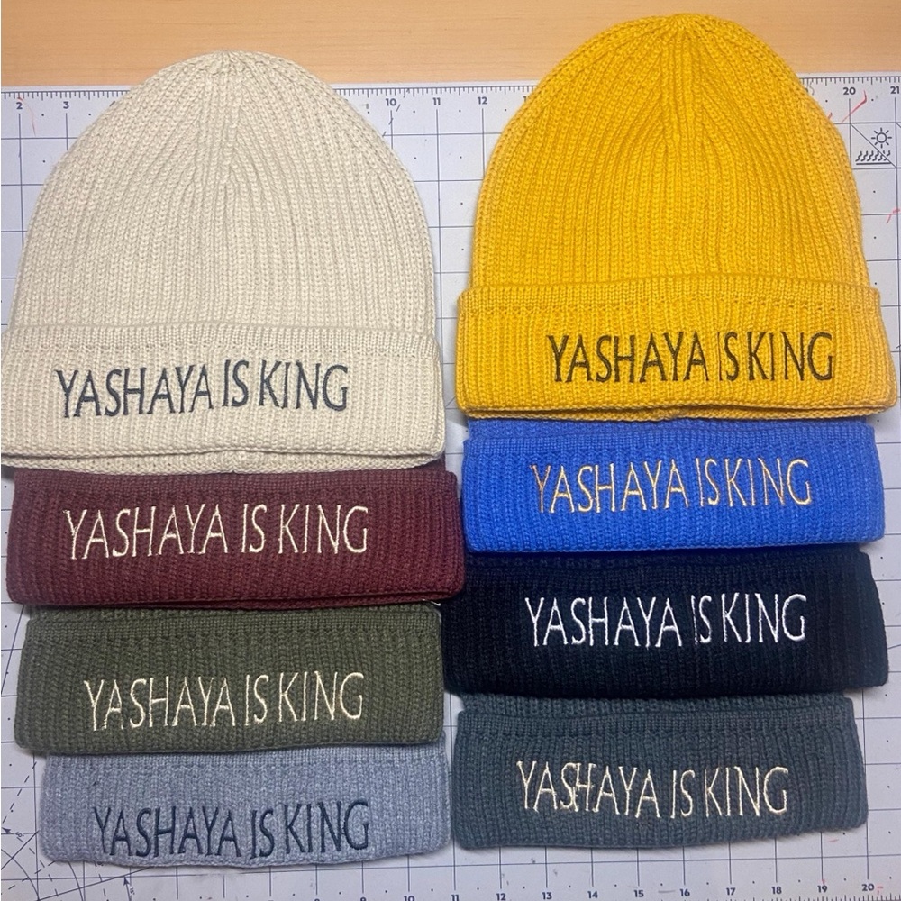 Beautifully embroidered beanie with “Yashaya is King”